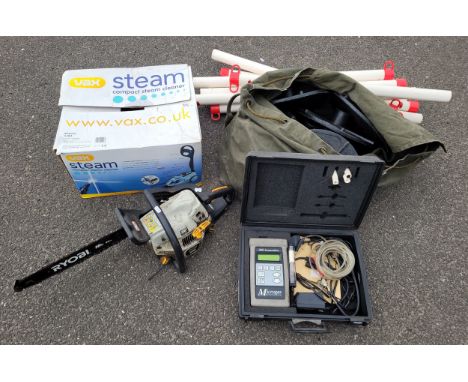 A Ryobi 40cc petrol engine chainsaw with 16inch cutting blade, a Vax V-081 compact steam cleaner (boxed), a SPX Corporation m