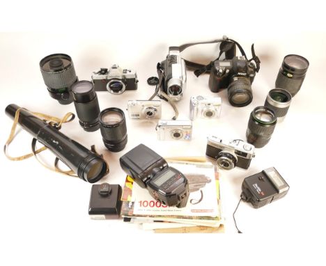 A collection of cameras and camera accessories, to include, a Nikon D70, a Minolta Program 2800 AF, and Vivitar f/3.5-5.6 28-