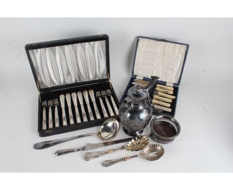 Silver plated ware, to include cased sets of fish knives and forks, silver handled cake knife, coaster, two pairs of serving 