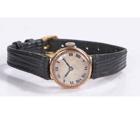 Ladies 9 carat gold wristwatch, the silver dial with Roman numerals, manual wound, the case 21.5mm diameter