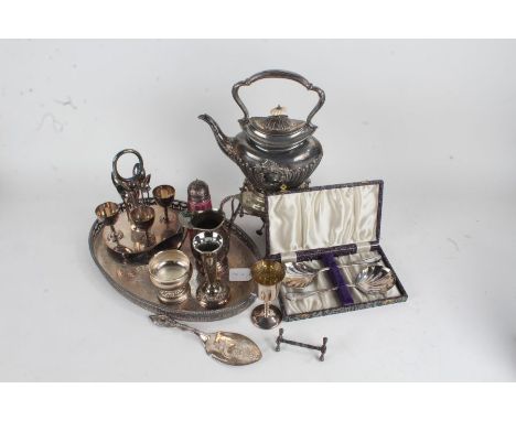 Silver plated wares to include tray, kettle and stand with burner, egg cruet, sugar castor, trophy cups etc. (qty)