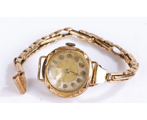 9 carat gold ladies wristwatch, the gilt and white dial with Arabic numerals, manual wound, the case 24mm diameter, on a 9 ca