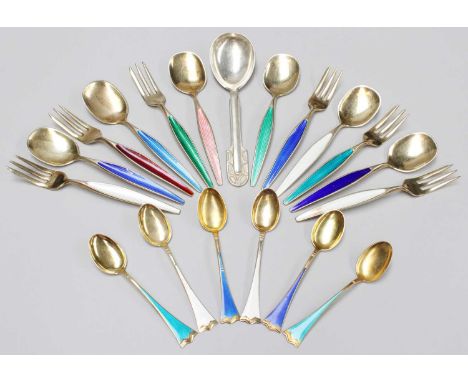A Collection of Assorted Norwegian Silver and Enamel Flatware, by Ottar Hval, Oslo and Jacob Tostrup, Oslo, 20th Century, wit