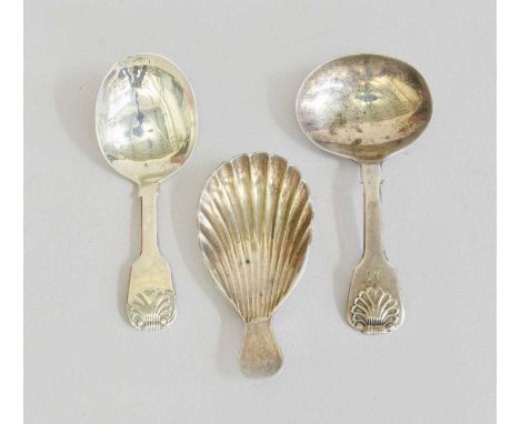 Two Silver Caddy-Spoons, each Fiddle shell pattern, one later engraved with an initials, 14dwt, 22gr; Together With a silver 