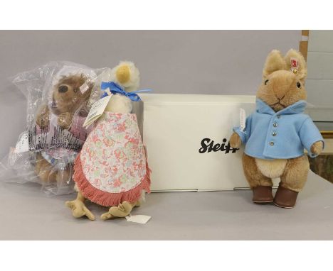 Modern Steiff Soft Toys of Mrs Tiggy Winkle, Jemima Puddle Duck and Peter Rabbit with Carrot, all boxed(3)