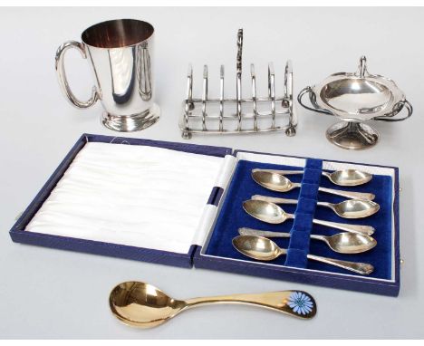 A Collection of Assorted Silver and Silver Plate, the silver including a Danish silver-gilt and enamel spoon, by Georg Jensen