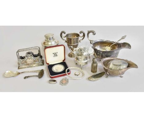 A Collection of Assorted Silver, including a sauceboat; a tea-caddy; a letter-rack; a cream-jug a two-handled cup and assorte