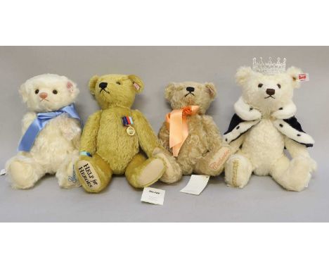 Modern Steiff Teddy bears comprising a Royal Baby bear, Help for Heroes bear, William with peach ribbon bear, Long to Reign O