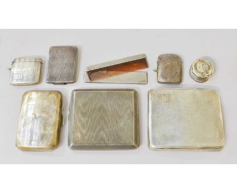 A Collection of Assorted Silver Boxes, comprising three cigarette-case, each with differing engine-turned decoration; two dif