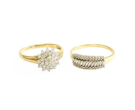 A 9 Carat Gold Diamond Cluster Ring, finger size T; and A 9 Carat Gold Diamond Half Hoop Ring, finger size T1/2Gross weight 5