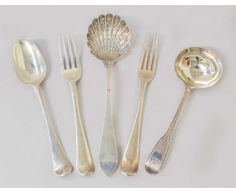 A Collection of Assorted George III Silver Flatware, comprising a Fiddle Thread pattern sauce-ladle; a Hanoverian pattern tab