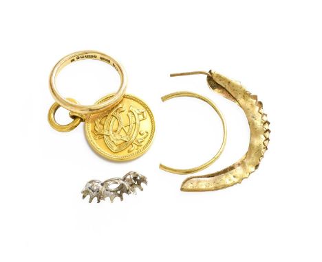 A 9 Carat Gold Band Ring, finger size L1/2; A 9 Carat Gold Medallion, length 2.9cm; A Ring Shank and Head (a.f.); and An Odd 