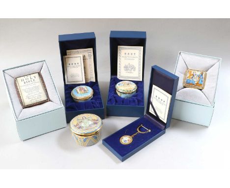 Halcyon Enamels, five limited edition enamel boxes, including a musical example, together with a key chain (one tray)