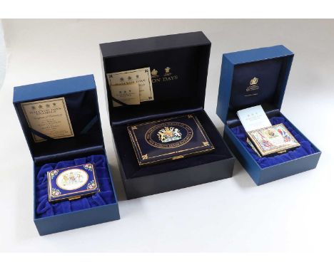 Halcyon Days, a commemorative enamel box in fitted case for the Queens Dimaond Jubilee, together with two other cased boxes b