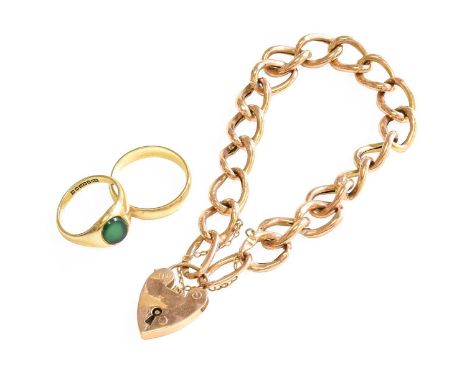 A Curb Link Bracelet, end link stamped '9CT', length 19.8cm; A 9 Carat Gold Band Ring, finger size P; and A 9 Carat Gold Gree