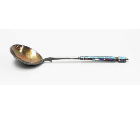 A Russian Silver and Enamel Spoon, Maker's Mark Rubbed, Possibly that of Nicholai Tarabrov, Moscow, 1908-1926, the faceted ha