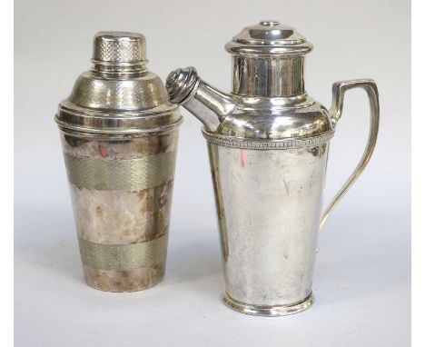 Two Silver Plated Cocktail-Shakers, one Walker and Hall example with handle and spout, 24cm high (2)There is some overall sur