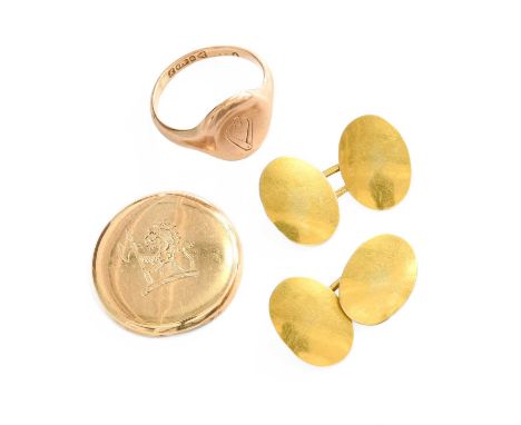 A 9 Carat Gold Signet Ring, finger size P; A Pair of Cufflinks, stamped ‘15’, the oval plaques measuring 1.5cm by 1.1cm; and 