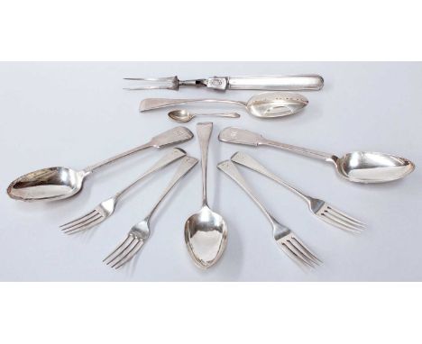A Collection of George III and Later Silver Flatware, some engraved with differing initials, including a pair of Fiddle patte