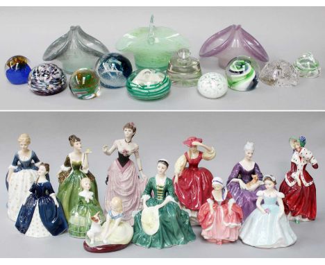 Eleven Various Royal Doulton Figures, a Coalport figure; glass including Caithness paperweight, posy baskets, etc