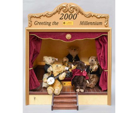 A Steiff "2000 Greeting the Millennium" Bear Bandstand, and five bears playing instruments, wind up playing "when the saints 