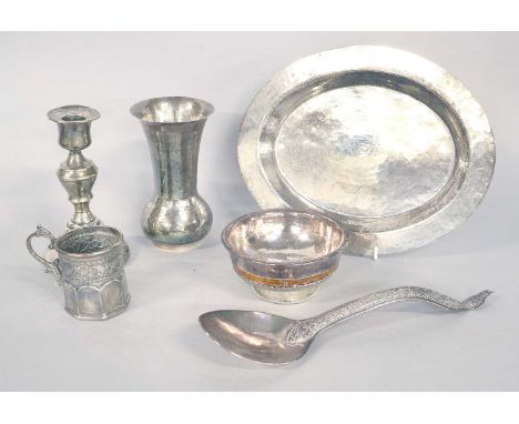 A Collection of Assorted Burmese or Indian Silver, comprising a tapering vase, 13.7cm high; an oval tray, 24.7cm wide, each w