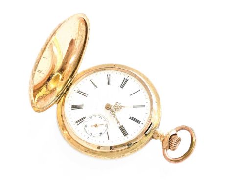 A 14 Carat Gold Full Hunter Pocket Watch, case stamped 0.585Gross weight - 94 gramsCase Diameter - 52mmWinds and ticksDust co