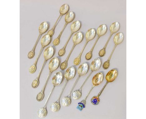 A Collection of Assorted Elizabeth II and Earlier Silver Spoons, comprising a set of twelve parcel-gilt horticultural spoons,