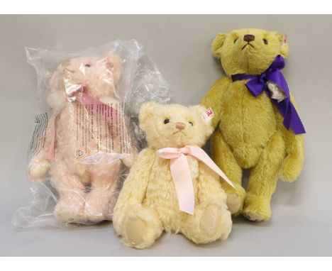 Modern Steiff Teddy Bears, comprising a pink Diana Always in our Hearts Bear, God Save the Queen bear, and blonde Royal Baby 