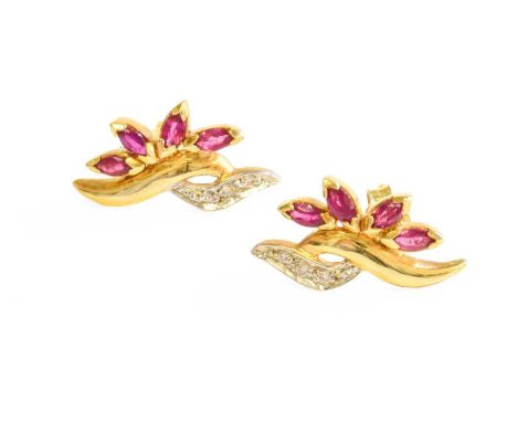 A Pair of 18 Carat Gold Ruby and Diamond Earrings, the earrings of spray design, with post fittings, measure 2cm by 1.1cmGros