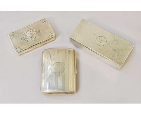 Three Silver Boxes, comprising an oblong box with overall engine-turned finish, London, 1919, engraved with an initial, 10.2c