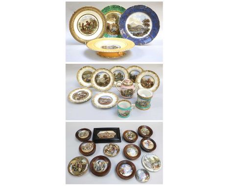 A Collection of Assorted Victorian Prattware Pottery Lids, mounted in wooden frames including, Crystal Palace, Bear Baiting a