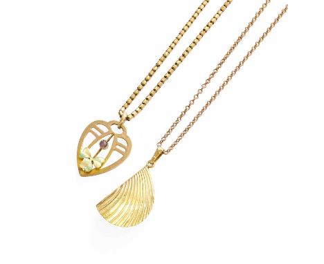 A 9 Carat Gold Cultured Pearl Pendant on Chain, pendant length 3.4cm, chain length 50cm; and An Amethyst and Enamel Pendant o