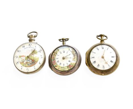 A Silver Pair Cased Verge Pocket Watch with Hunting Scene Enamel Dial, movement signed J.Adamson, London, both cases with mat