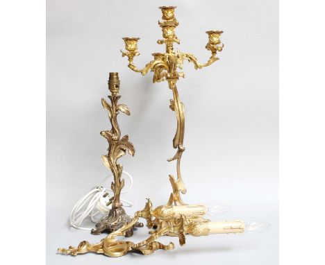 Gilt Metal Candelabra, a pair of gilt metal wall lights, including a gilt metal lamp