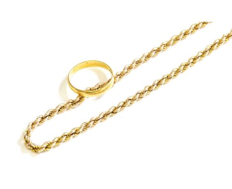 A 22 Carat Gold Band Ring, finger size R; and A 9 Carat Gold Ropetwist Chain, length 52.7cmBand ring - 3.1 grams. Chain - 7.2