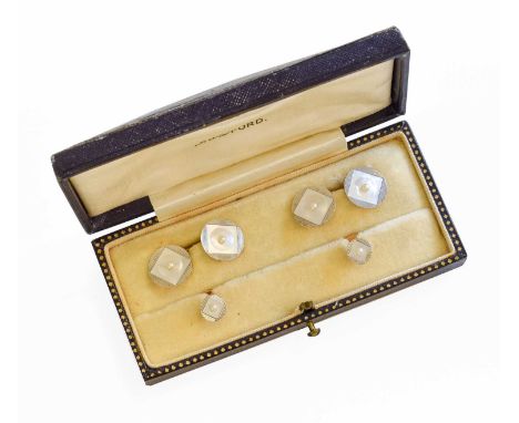 A Seed Pearl and Mother-of-Pearl Cufflink and Stud Suite, comprising a pair of chain linked cufflinks and two dress studs, st