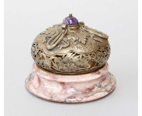 A Silver-Gilt and Marble Table-Bell, Apparently Unmarked, Circa 1900, the body compressed globular, the sides pierced with fo