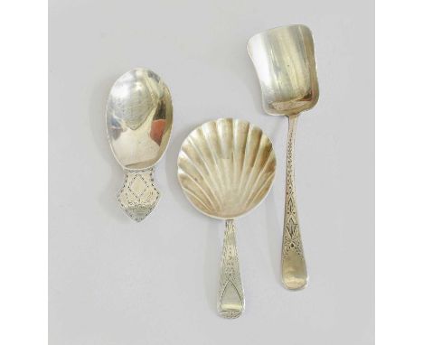 Three George III Silver Caddy-Spoons, one maker's mark JJ? script only, engraved with vines; one with shell-shaped bowl, poss