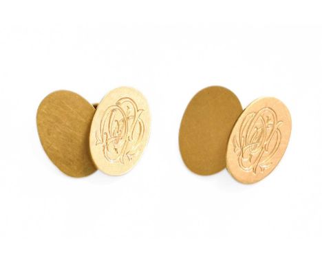 A Pair of 9 Carat Gold Cufflinks, comprising of chain linked oval plaques, one engraved with initialsGross weight 10.1 grams.