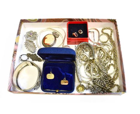 A Quantity of Silver and White Metal Jewellery, including a silver bangle, various brooches, various chains including watch c