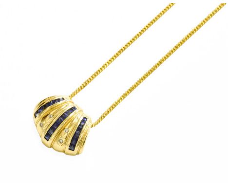 A Sapphire and Diamond Pendant on Chain, the pendant of shell formed of rows of channel set calibré cut sapphires, spaced by 