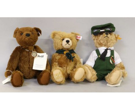 Modern Steiff Teddy Bears Flying Scotsman, the Worlds First Teddy Bear and Club Scout Bear, all boxed(3)