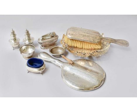 A Collection of Assorted Silver, including a hand-mirror; a hair brush; a shaped circular dish and various condiment items, w