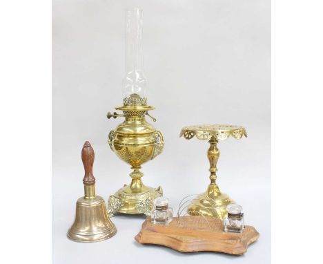 A Late Victorian Brass Oil Lamp, Brass Trivet, Brass Bell, and Inkstand (4)