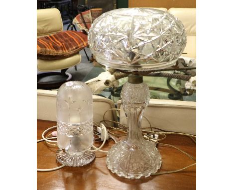 A Cut Glass Table Lamp, of Baluster form and with domed shade, 48cm high; together with another glass lamp (2)