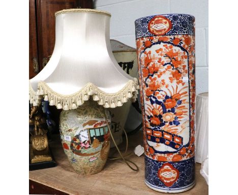 A Japanese Imari Porcelain Stick Stand, Meiji period, 61cm, together with a similar baluster shaped vase mounted as a table l