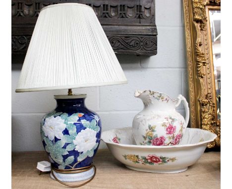 A Decorative Modern Ceramic Table lamp, together with an early 20th century pottery jug and bowl