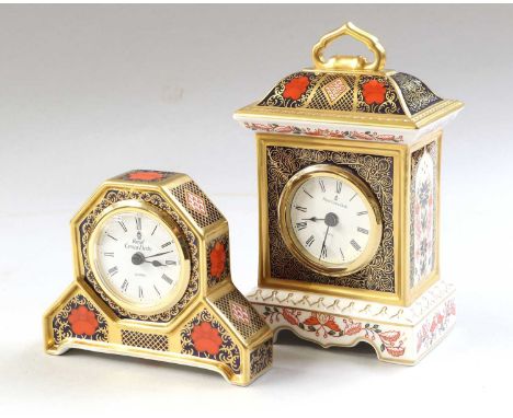 A Royal Crown Derby Porcelain Carriage Clock, Imari pattern 1128, 1st quality, 18cm high, together with a mantel clock (2)Bot