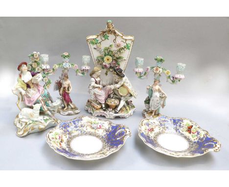A Samson Porcelain Figural Candlestick, after Chelsea, together with a pair of Meissan style figural candleabra, a John Bevin